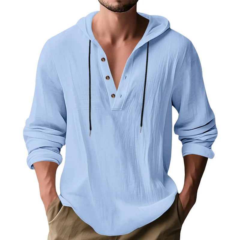 Men's Long Sleeve Tops Drawstring Hoodies Casual Cotton Linen Solid Color Casual Shirts Loose Pullover Sweatshirts Coat Outwear