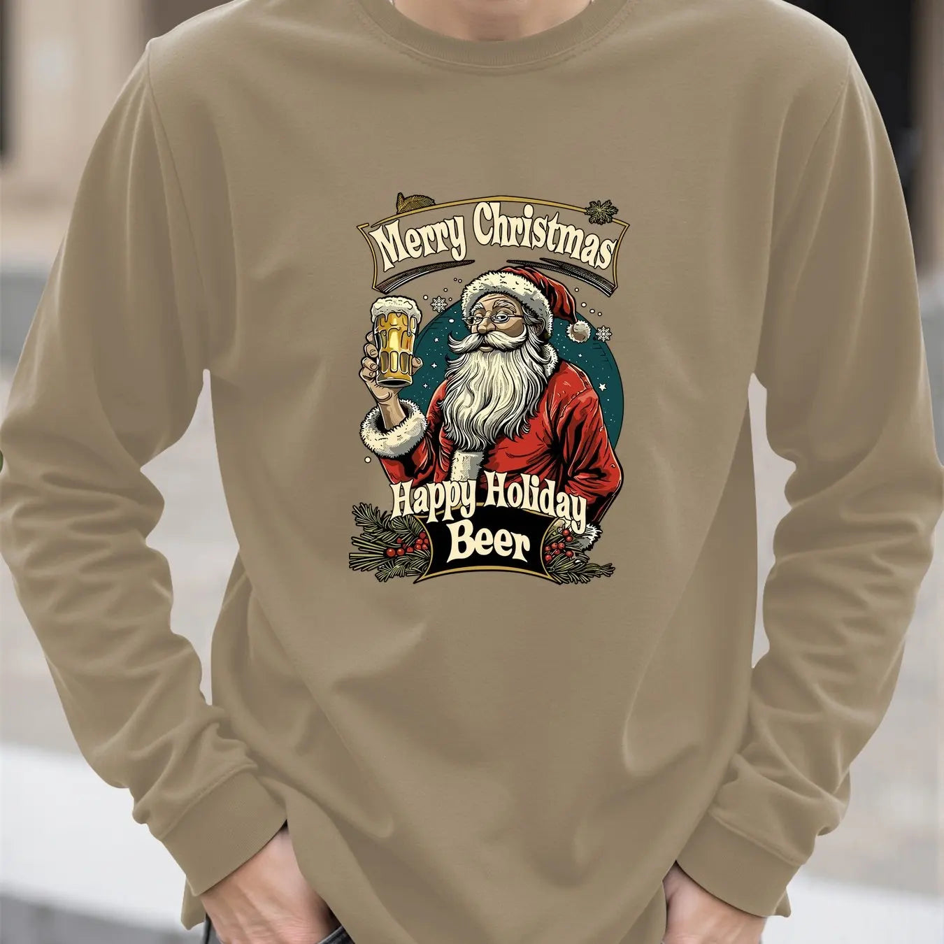 Santa Claus Pattern Men's Long Sleeve T-shirt Funny Christmas Tree Print Loose Tops Autumn Fashion X'mas Tees New Year Clothing