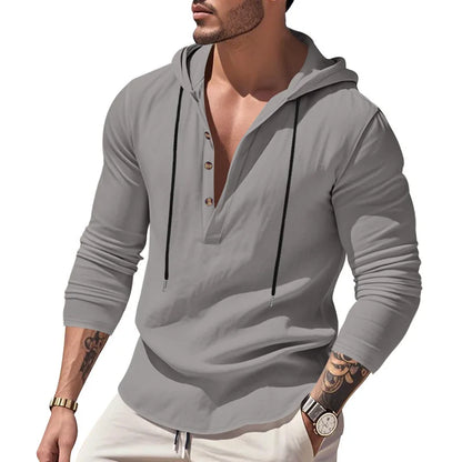 Men's Long Sleeve Tops Drawstring Hoodies Casual Cotton Linen Solid Color Casual Shirts Loose Pullover Sweatshirts Coat Outwear