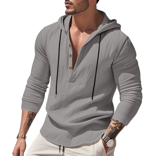 Men's Long Sleeve Tops Drawstring Hoodies Casual Cotton Linen Solid Color Casual Shirts Loose Pullover Sweatshirts Coat Outwear