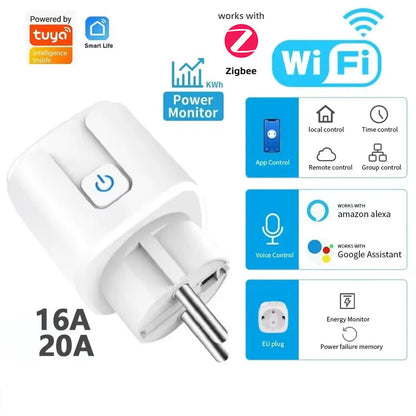 16A/20A Tuya Smart Socket WiFi ZigBee 3.0 EU Plug Power Monitor Timing Function APP Voice Control Alexa Google Home Yandex Alice
