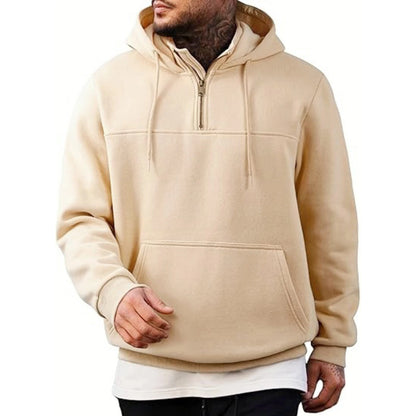 Winter Men's Casual Fleece Hooded Sweatshirt  Plush Loose Solid Color Pullover Half Zipper With Pocket Tops Male Sports Jacket