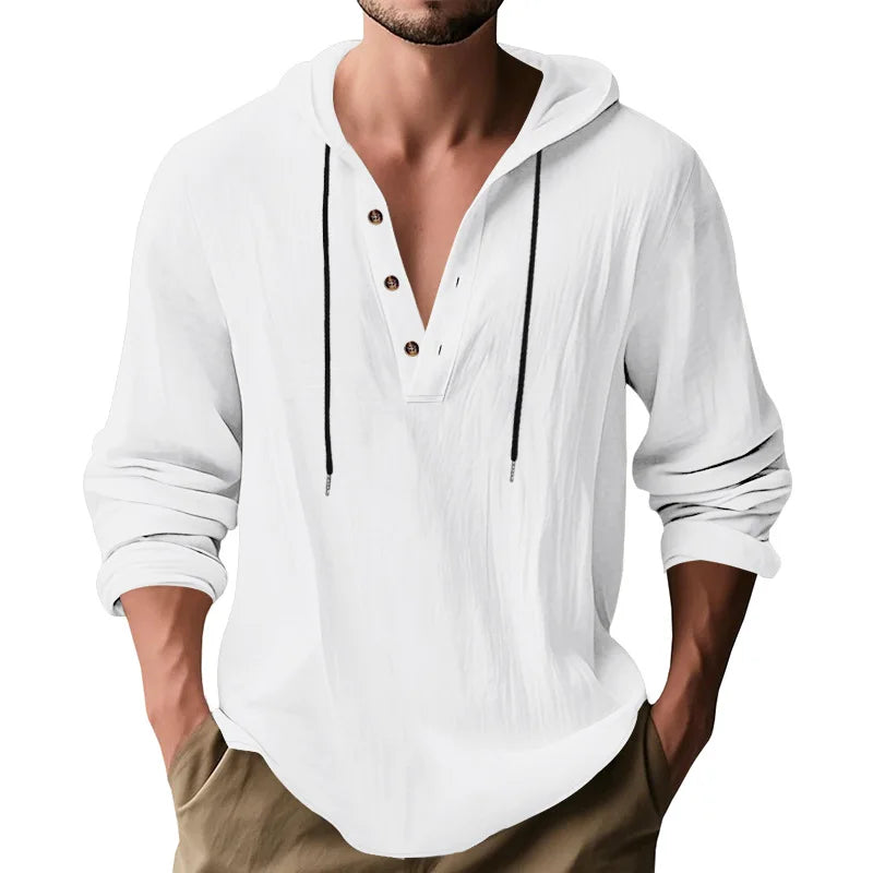 Men's Long Sleeve Tops Drawstring Hoodies Casual Cotton Linen Solid Color Casual Shirts Loose Pullover Sweatshirts Coat Outwear