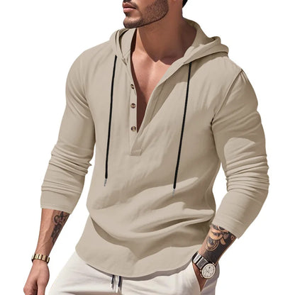 Men's Long Sleeve Tops Drawstring Hoodies Casual Cotton Linen Solid Color Casual Shirts Loose Pullover Sweatshirts Coat Outwear