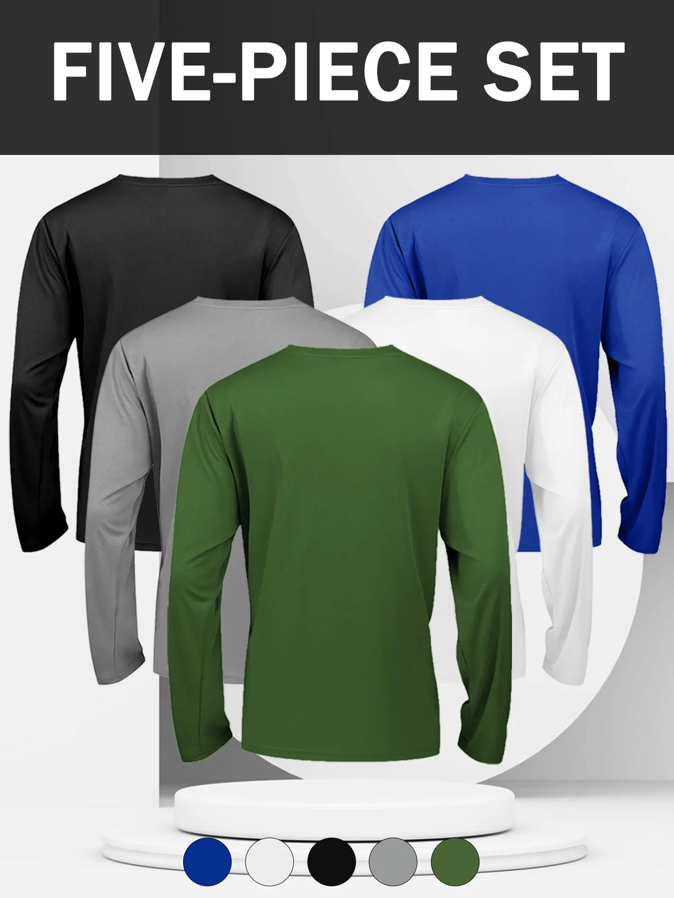 5 Pack Men's Athletic Shirt - Crew Neck Slim Fit Long Sleeve Pullover Base Layer, Rib Knit Quick Dry Lightweight Top
