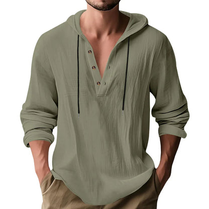 Men's Long Sleeve Tops Drawstring Hoodies Casual Cotton Linen Solid Color Casual Shirts Loose Pullover Sweatshirts Coat Outwear