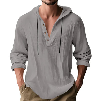 Men's Long Sleeve Tops Drawstring Hoodies Casual Cotton Linen Solid Color Casual Shirts Loose Pullover Sweatshirts Coat Outwear