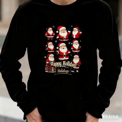 Santa Claus Pattern Men's Long Sleeve T-shirt Funny Christmas Tree Print Loose Tops Autumn Fashion X'mas Tees New Year Clothing