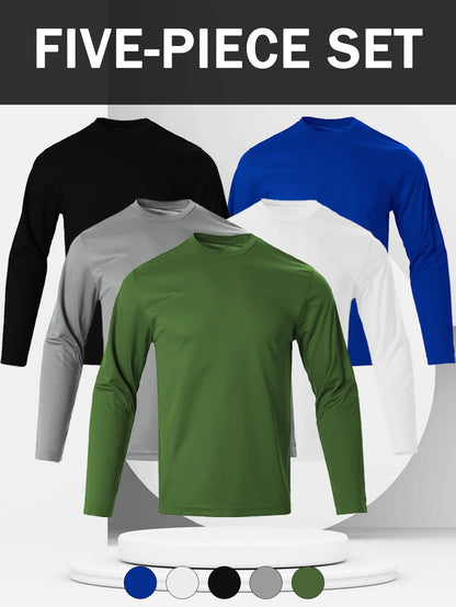 5 Pack Men's Athletic Shirt - Crew Neck Slim Fit Long Sleeve Pullover Base Layer, Rib Knit Quick Dry Lightweight Top