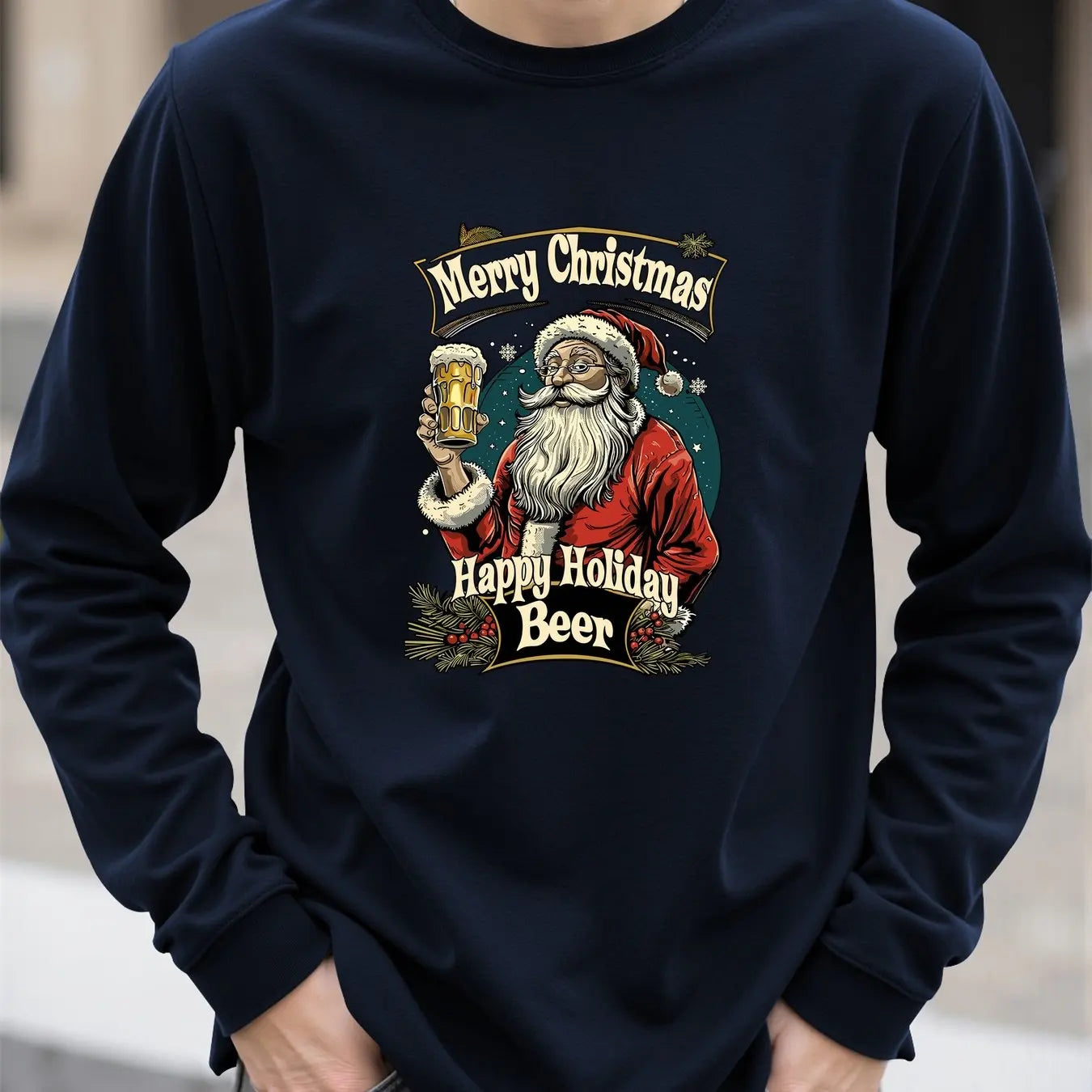 Santa Claus Pattern Men's Long Sleeve T-shirt Funny Christmas Tree Print Loose Tops Autumn Fashion X'mas Tees New Year Clothing