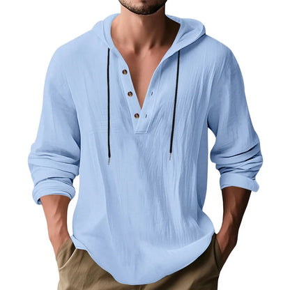 Men's Long Sleeve Tops Drawstring Hoodies Casual Cotton Linen Solid Color Casual Shirts Loose Pullover Sweatshirts Coat Outwear