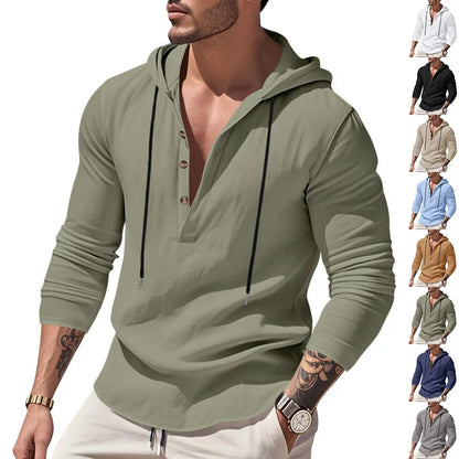 Men's Long Sleeve Tops Drawstring Hoodies Casual Cotton Linen Solid Color Casual Shirts Loose Pullover Sweatshirts Coat Outwear