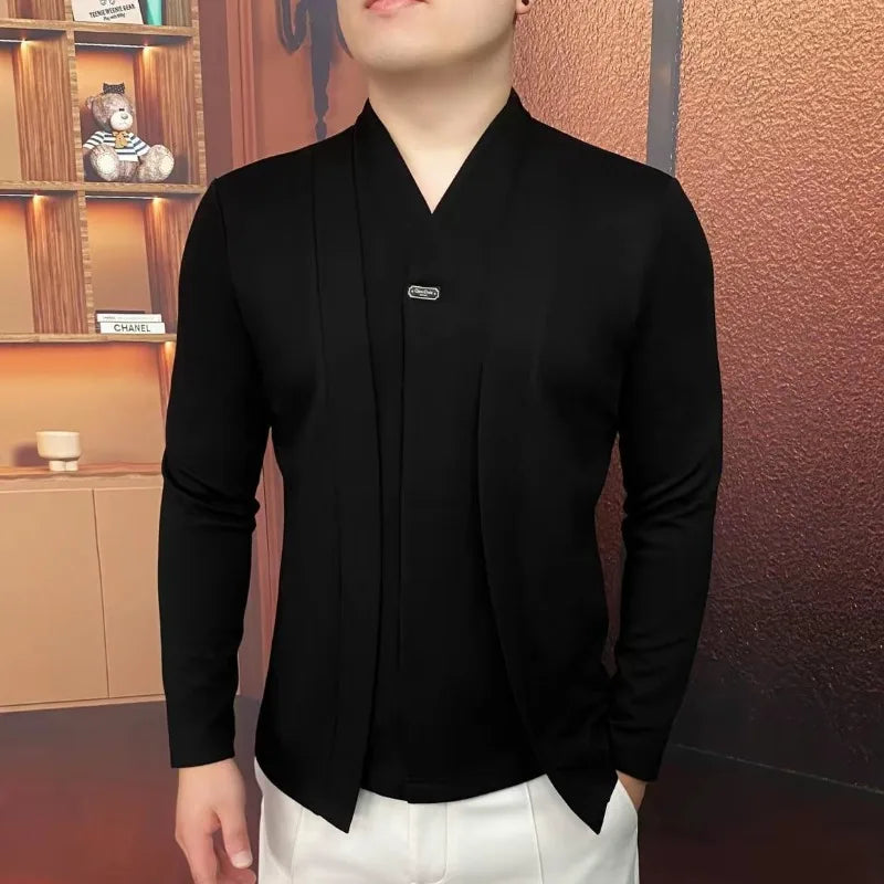 Autumn and Winter New Men's Light Luxury Fake Two-piece Sweatshirt Fashionable Business Pullover Long-sleeved Top