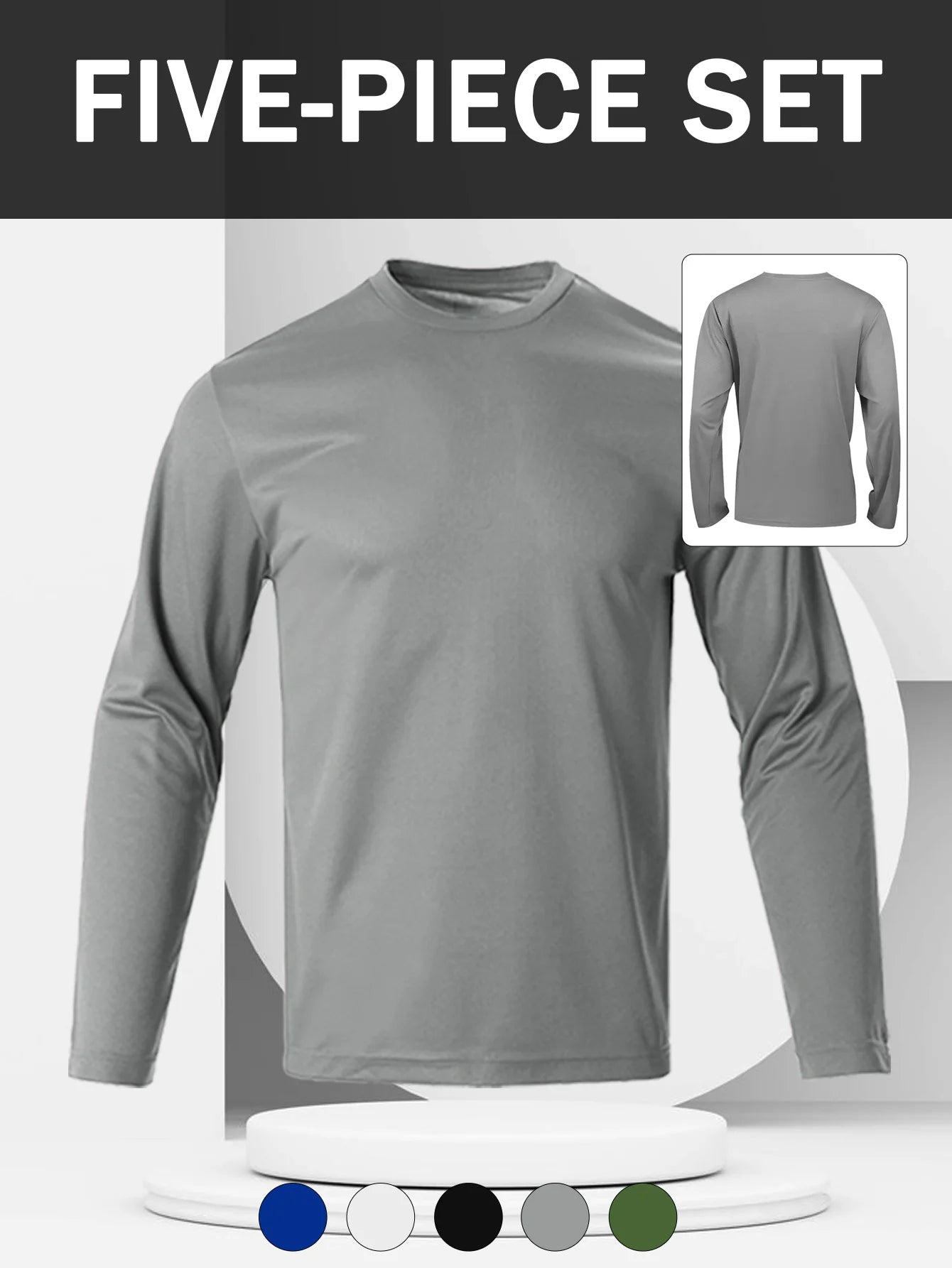 5 Pack Men's Athletic Shirt - Crew Neck Slim Fit Long Sleeve Pullover Base Layer, Rib Knit Quick Dry Lightweight Top