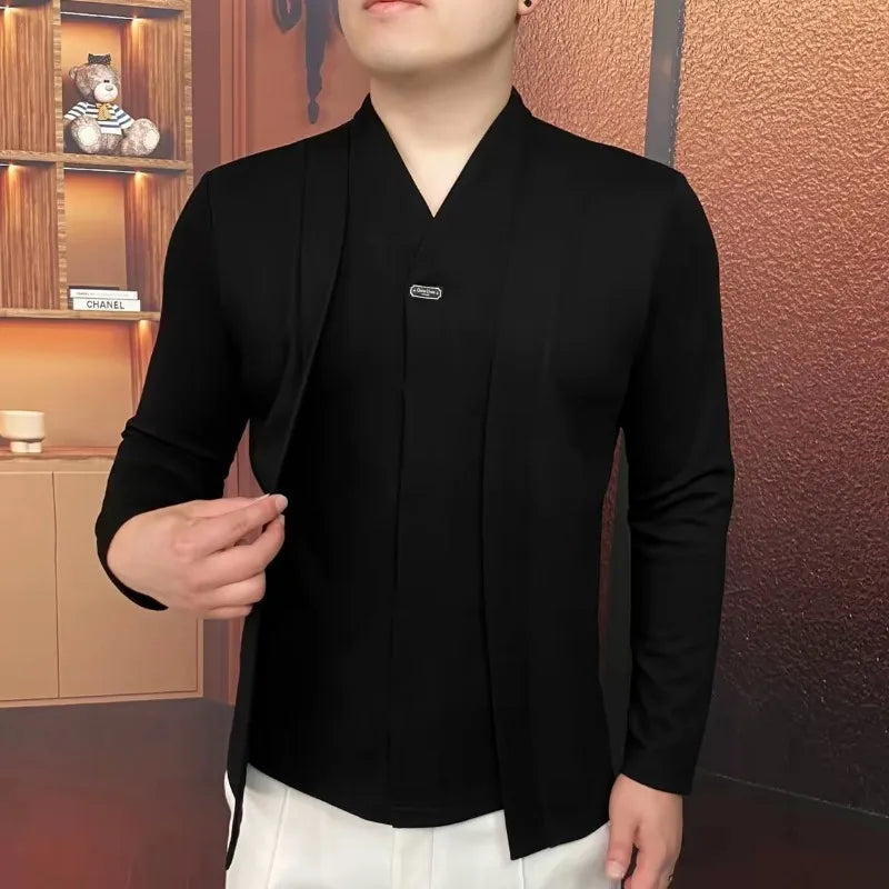 Autumn and Winter New Men's Light Luxury Fake Two-piece Sweatshirt Fashionable Business Pullover Long-sleeved Top