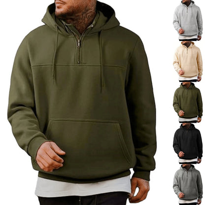 Winter Men's Casual Fleece Hooded Sweatshirt  Plush Loose Solid Color Pullover Half Zipper With Pocket Tops Male Sports Jacket