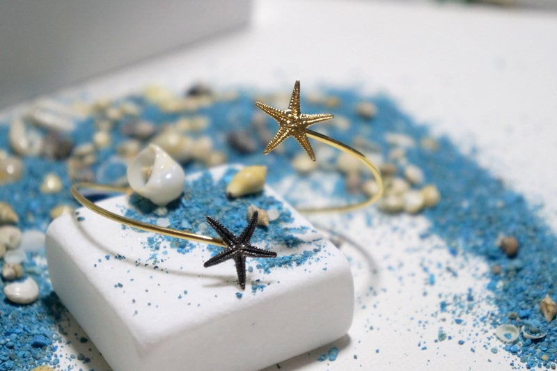 Sterling Silver Bracelet - Adjustable Two Tone Cuff With Starfish