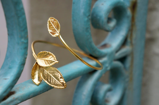 Open Cuff Bracelet – Adjustable Gold Plated Silver Real Rose Leaf