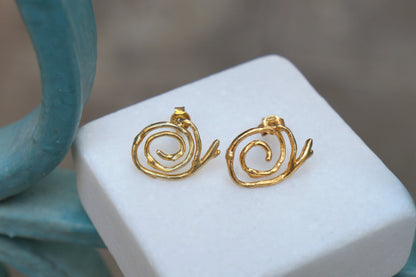 Solid Gold Earrings – Handmade Spiral Studs with Jasmine Plant Design,