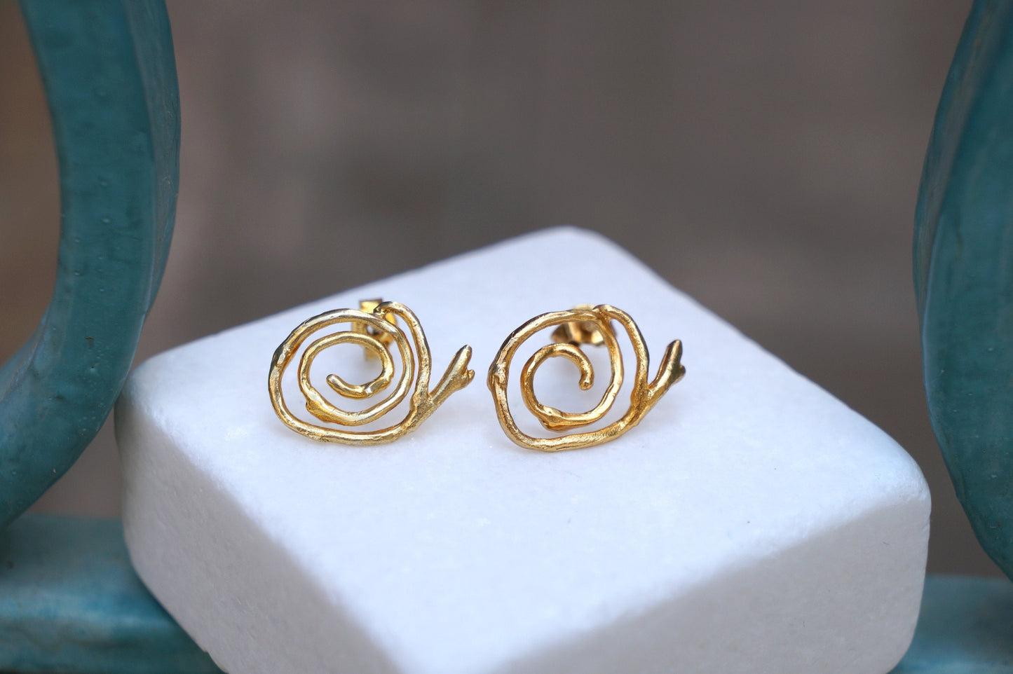 Solid Gold Earrings – Handmade Spiral Studs with Jasmine Plant Design,