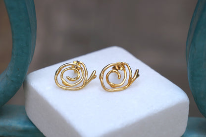 Solid Gold Earrings – Handmade Spiral Studs with Jasmine Plant Design,