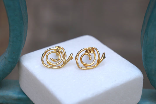 Solid Gold Earrings – Handmade Spiral Studs with Jasmine Plant Design,