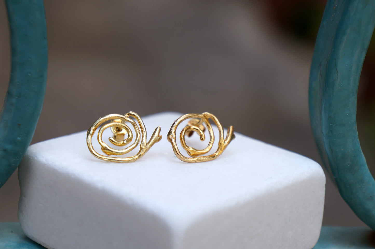 Solid Gold Earrings – Handmade Spiral Studs with Jasmine Plant Design,