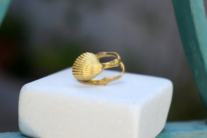 Solid Gold Shell Ring – Adjustable Real Sea Shell & Twig Design Gold