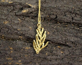 Solid Gold Leaf Necklace – 14K Real Cypress Pendant With Gold Chain